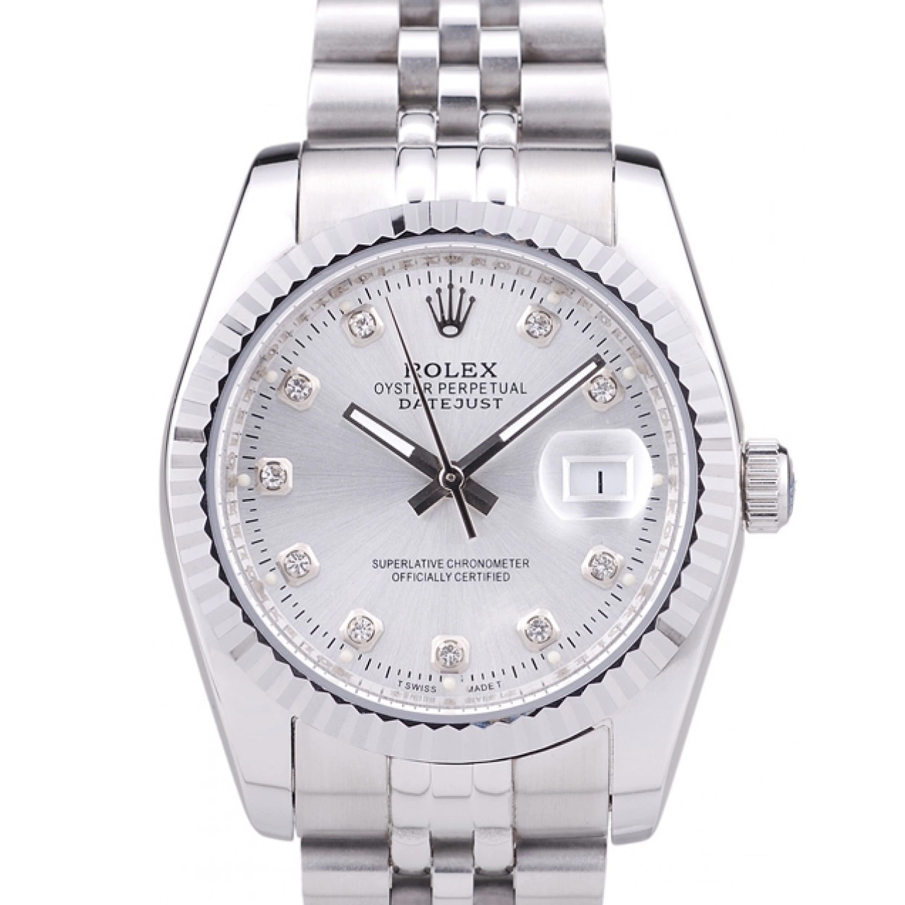 Aaa replica watch Diamonds Ribbed Rolex Bezel 7455 Datejust Silver Dial 0723